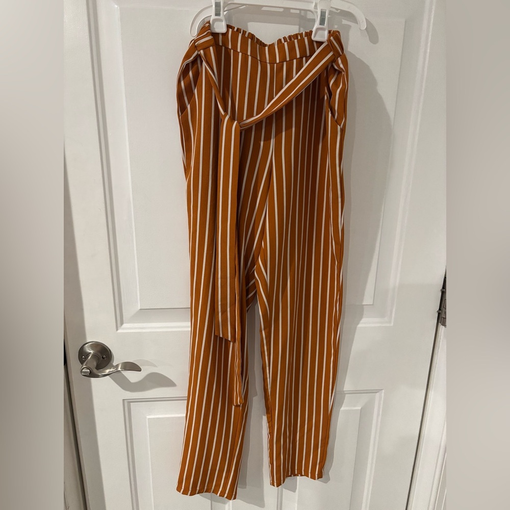 Papaya Brown White‎ Stripe Belted Pockets Wide Leg Pants